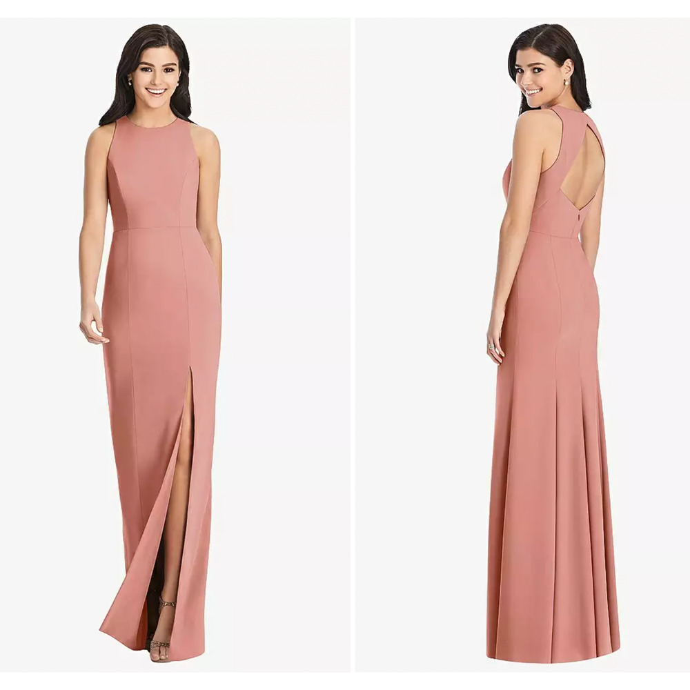 DESSY 3029 DIAMOND CUTOUT BACK TRUMPET GOWN FRONT SLIT DESERT ROSE 6 NEW $257